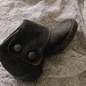 Brown suede button clogs